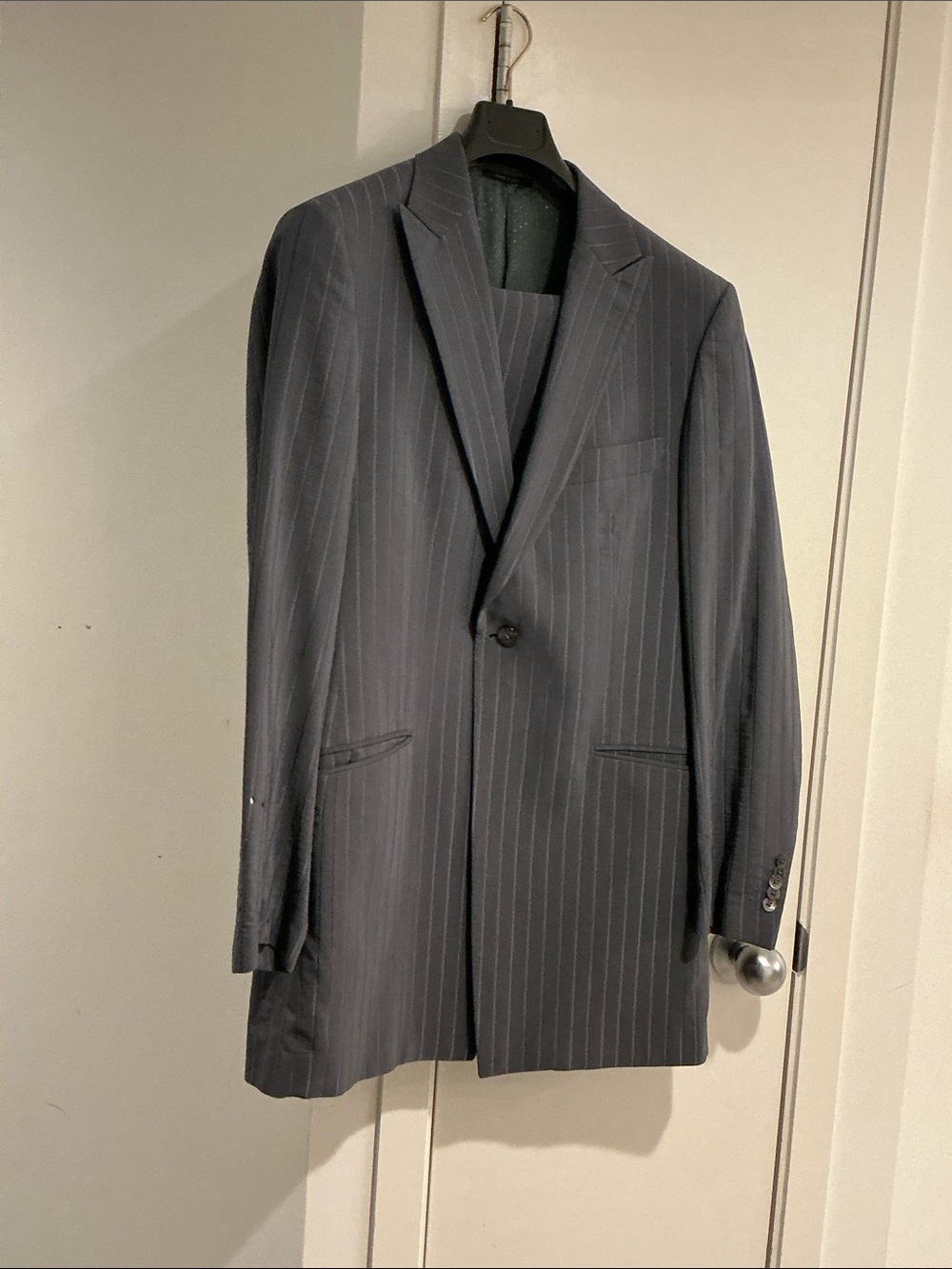 Men's Italian pinstripe one-button suit.